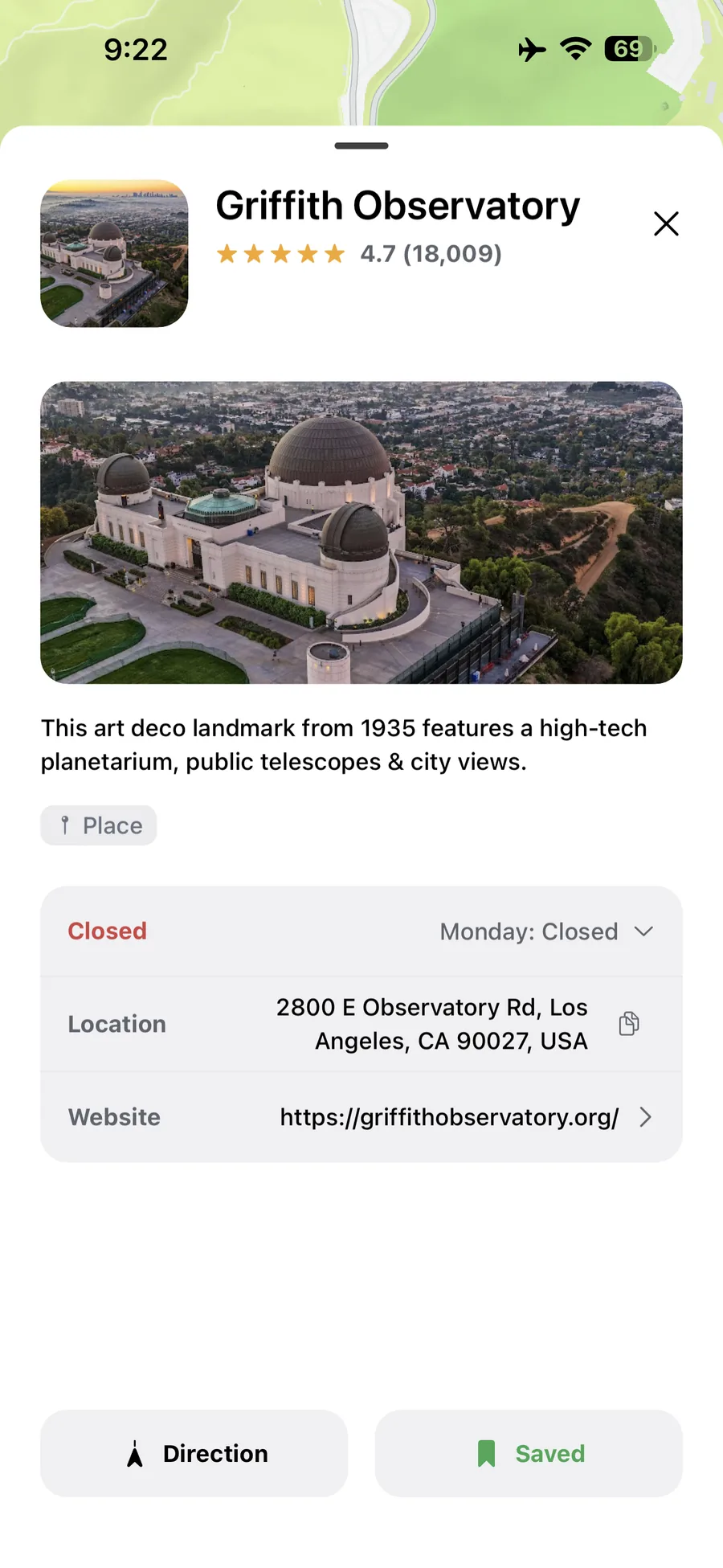 Wayfolio place detail for Griffith Observatory with rating, address, website, directions, and saved state